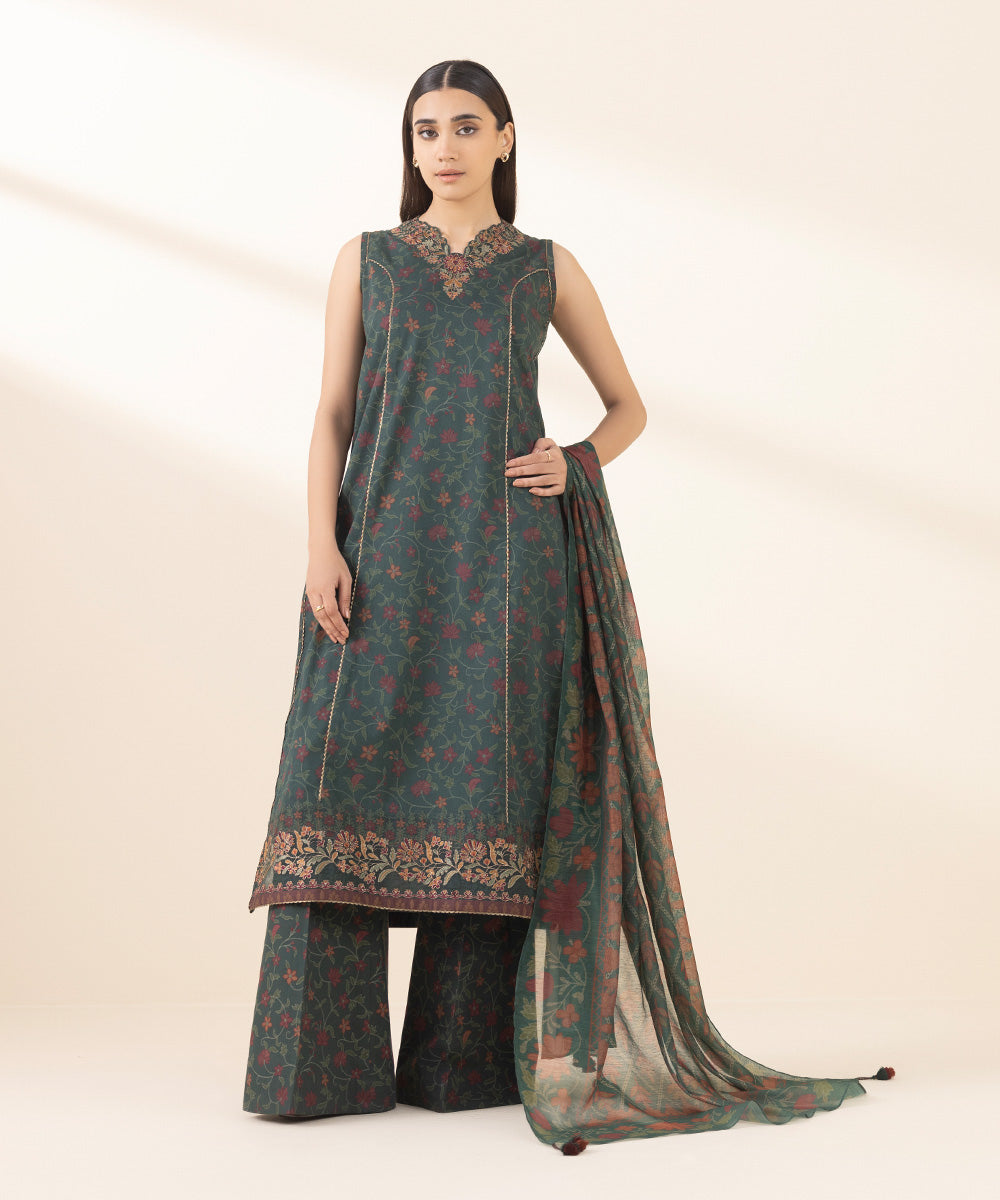 Unstitched Women's Embroidered Lawn Green Three Piece Suit 