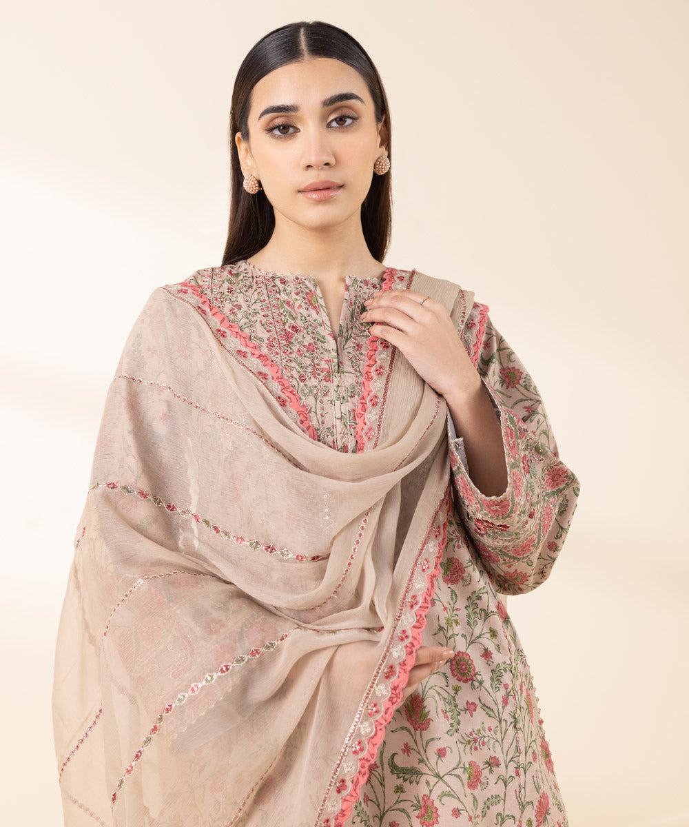 Unstitched Women's Embroidered Lawn Beige Three Piece Suit 