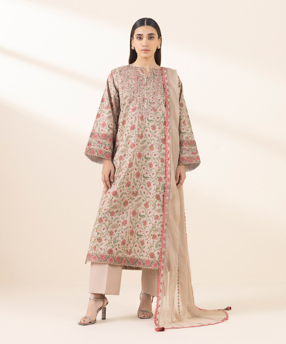 Unstitched Women's Embroidered Lawn Beige Three Piece Suit 