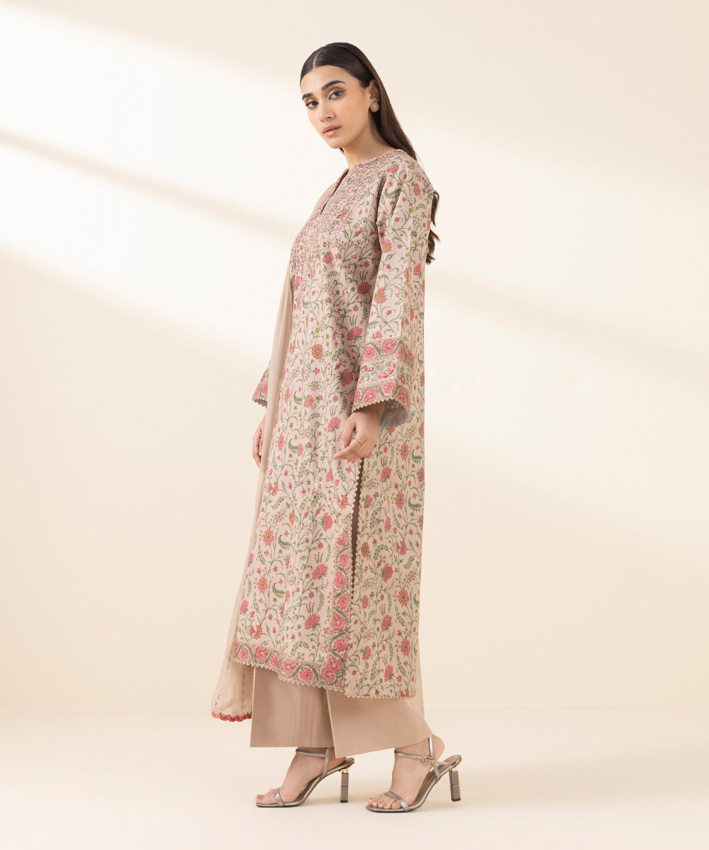 Unstitched Women's Embroidered Lawn Beige Three Piece Suit 