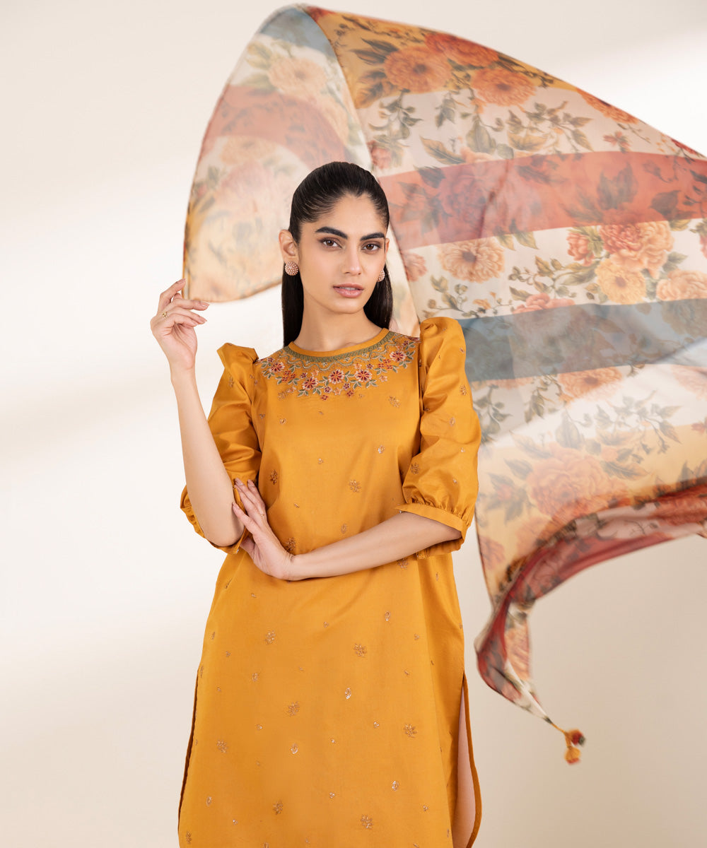 Unstitched Women's Embroidered Textured Lawn Orange Three Piece Suit 