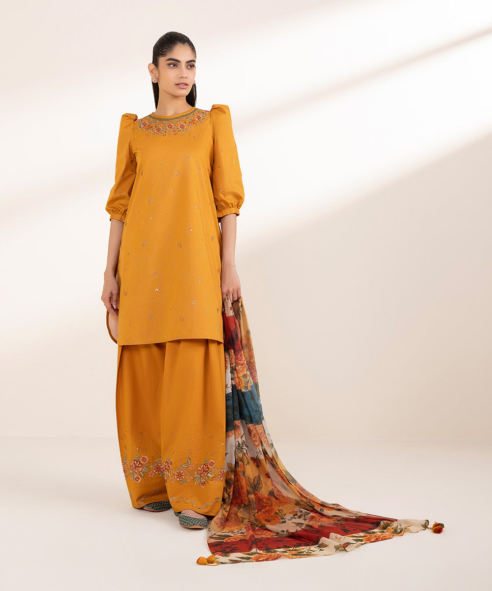 Unstitched Women's Embroidered Textured Lawn Orange Three Piece Suit 