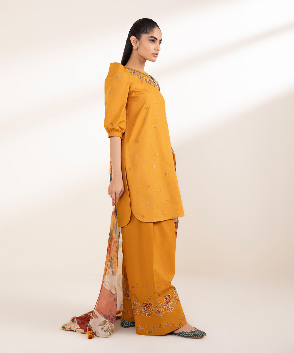 Unstitched Women's Embroidered Textured Lawn Orange Three Piece Suit 