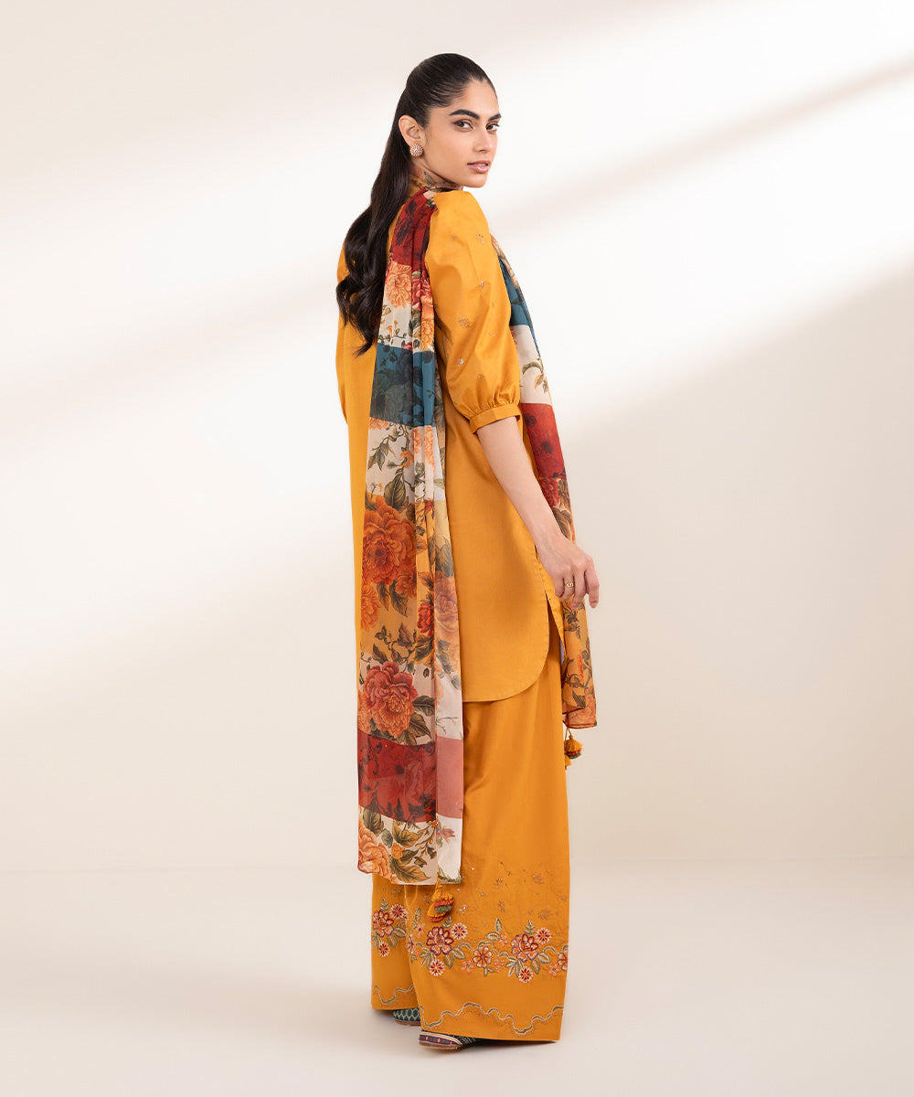 Unstitched Women's Embroidered Textured Lawn Orange Three Piece Suit 