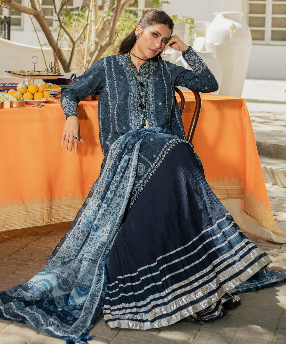 Unstitched Women's Blue Lawn 3 Piece Suit