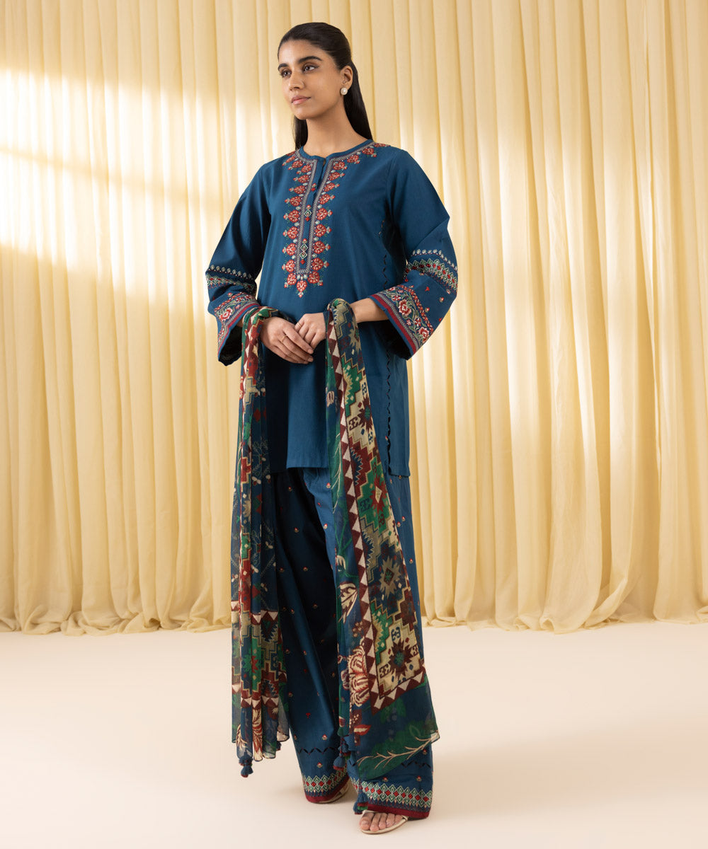 Unstitched Women's Blue Textured Lawn 3 Piece Suit
