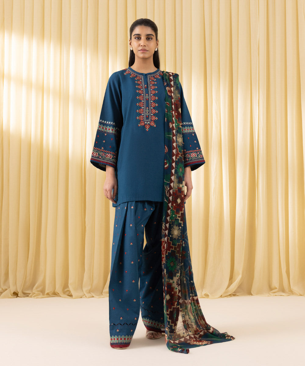 Unstitched Women's Blue Textured Lawn 3 Piece Suit