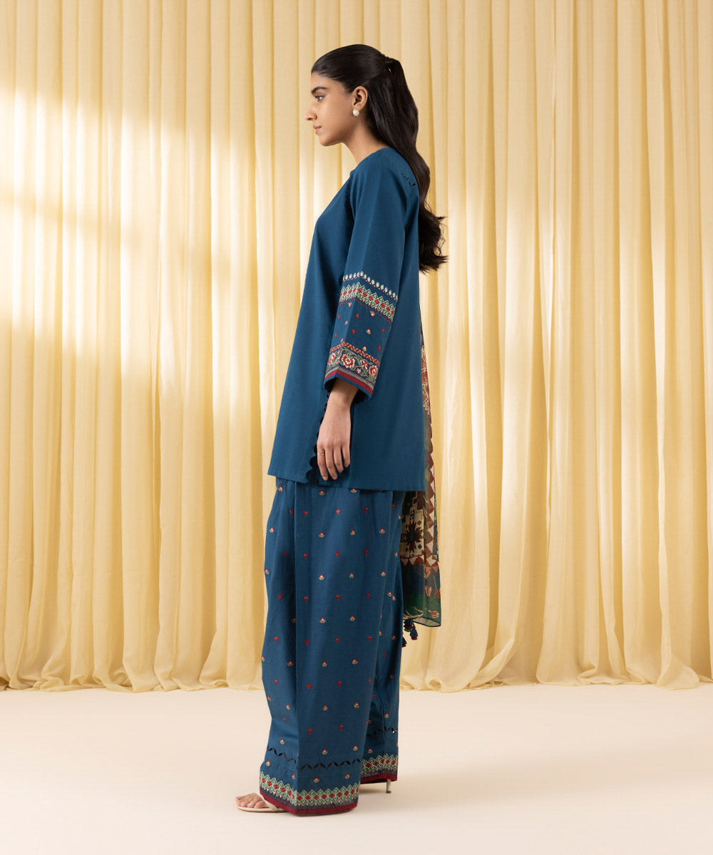 Unstitched Women's Blue Textured Lawn 3 Piece Suit