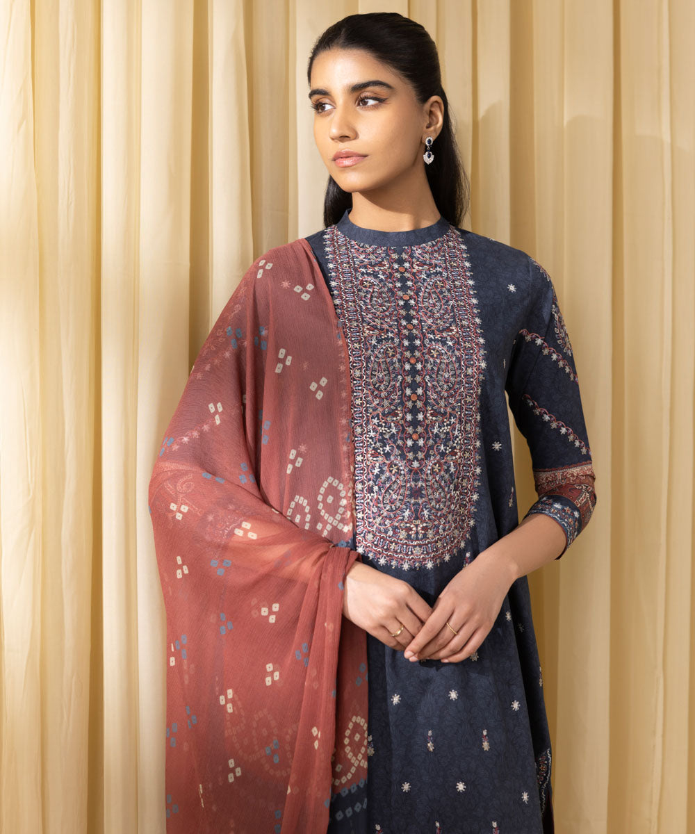 Unstitched Women's Blue Lawn Embroidered 3 Piece Suit 