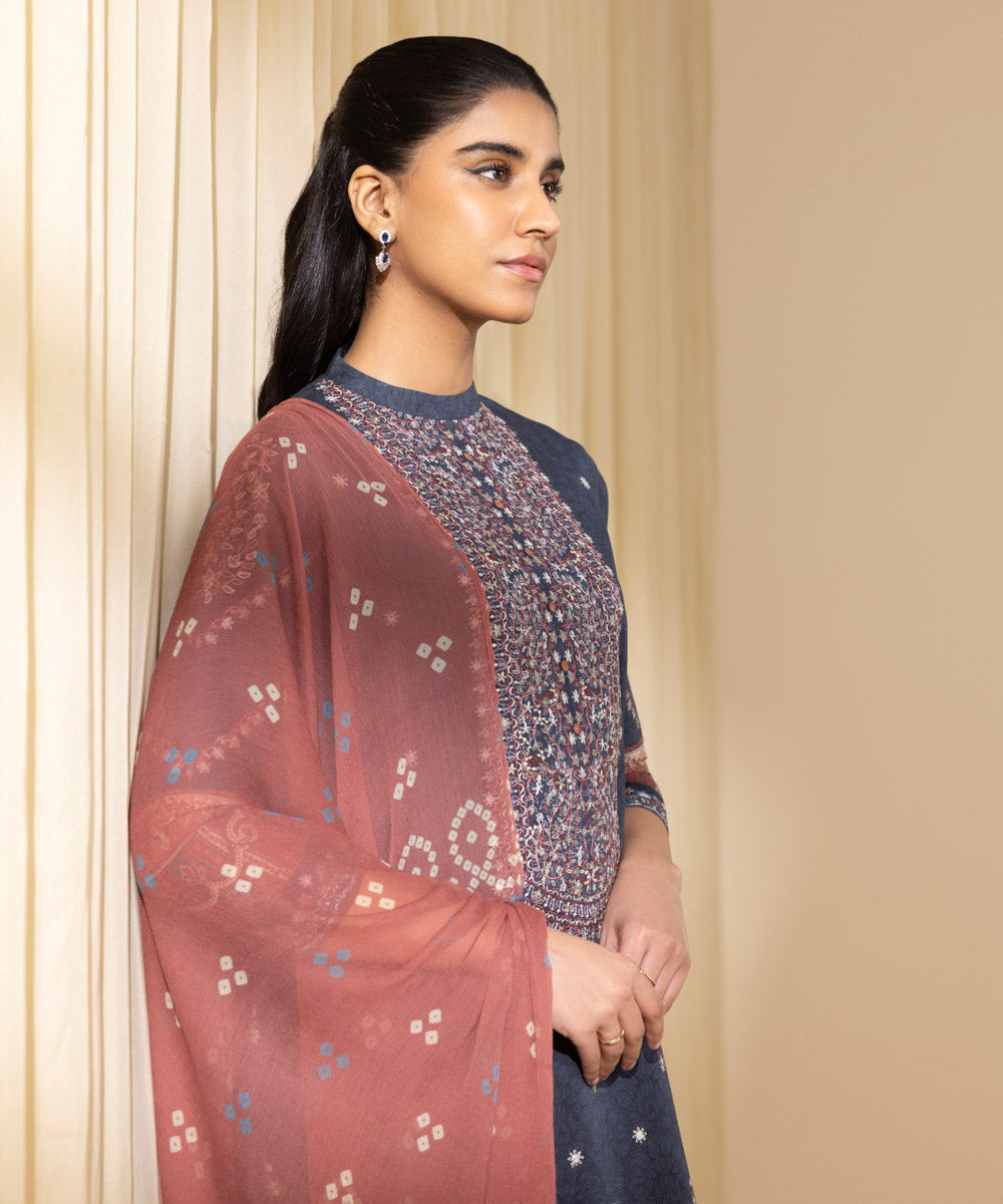 Unstitched Women's Blue Lawn Embroidered 3 Piece Suit 