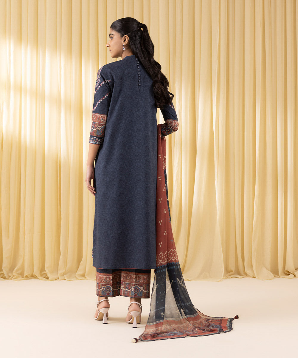 Unstitched Women's Blue Lawn Embroidered 3 Piece Suit 