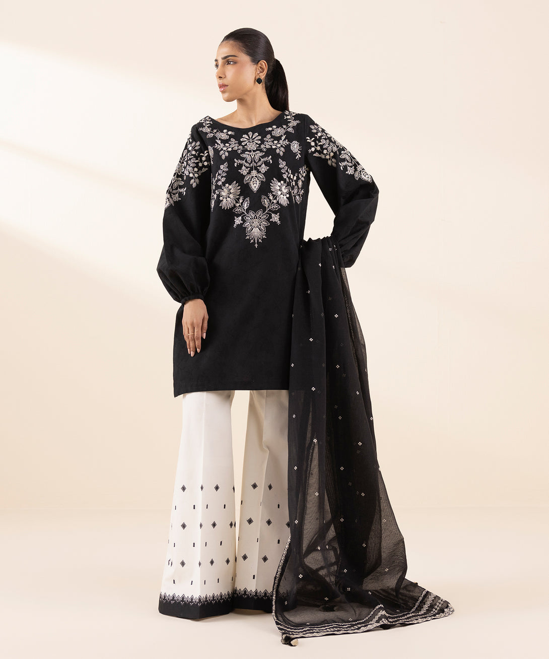 Women's Unstitched Cotton Jacquard Embroidered Black 3 Piece Suit