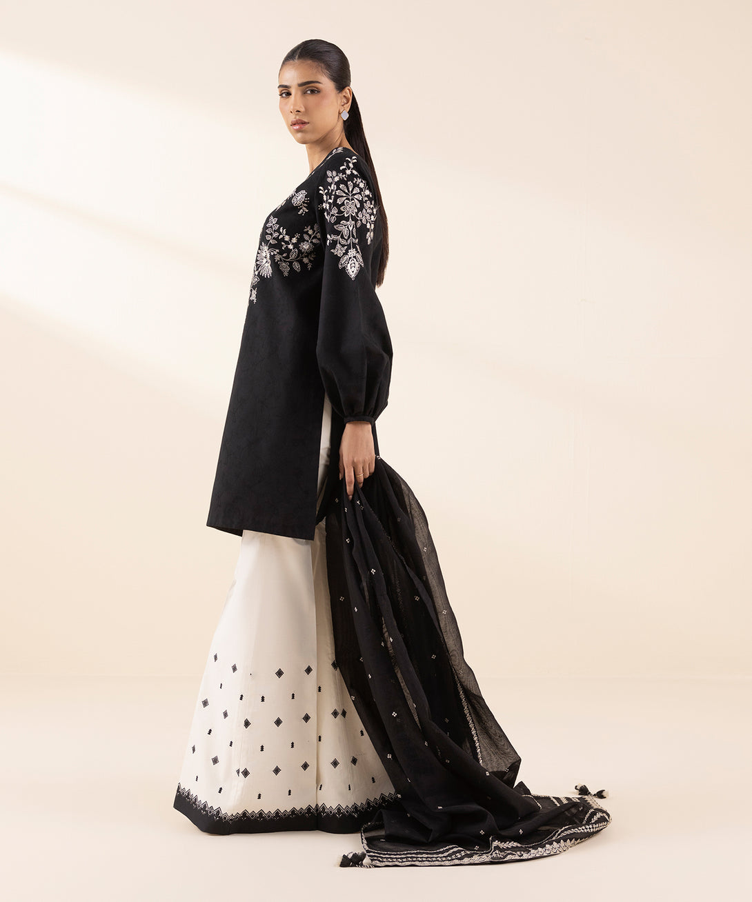 Women's Unstitched Cotton Jacquard Embroidered Black 3 Piece Suit