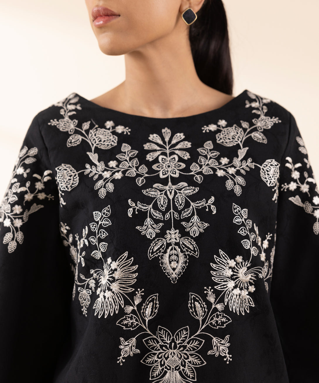 Women's Unstitched Cotton Jacquard Embroidered Black 3 Piece Suit