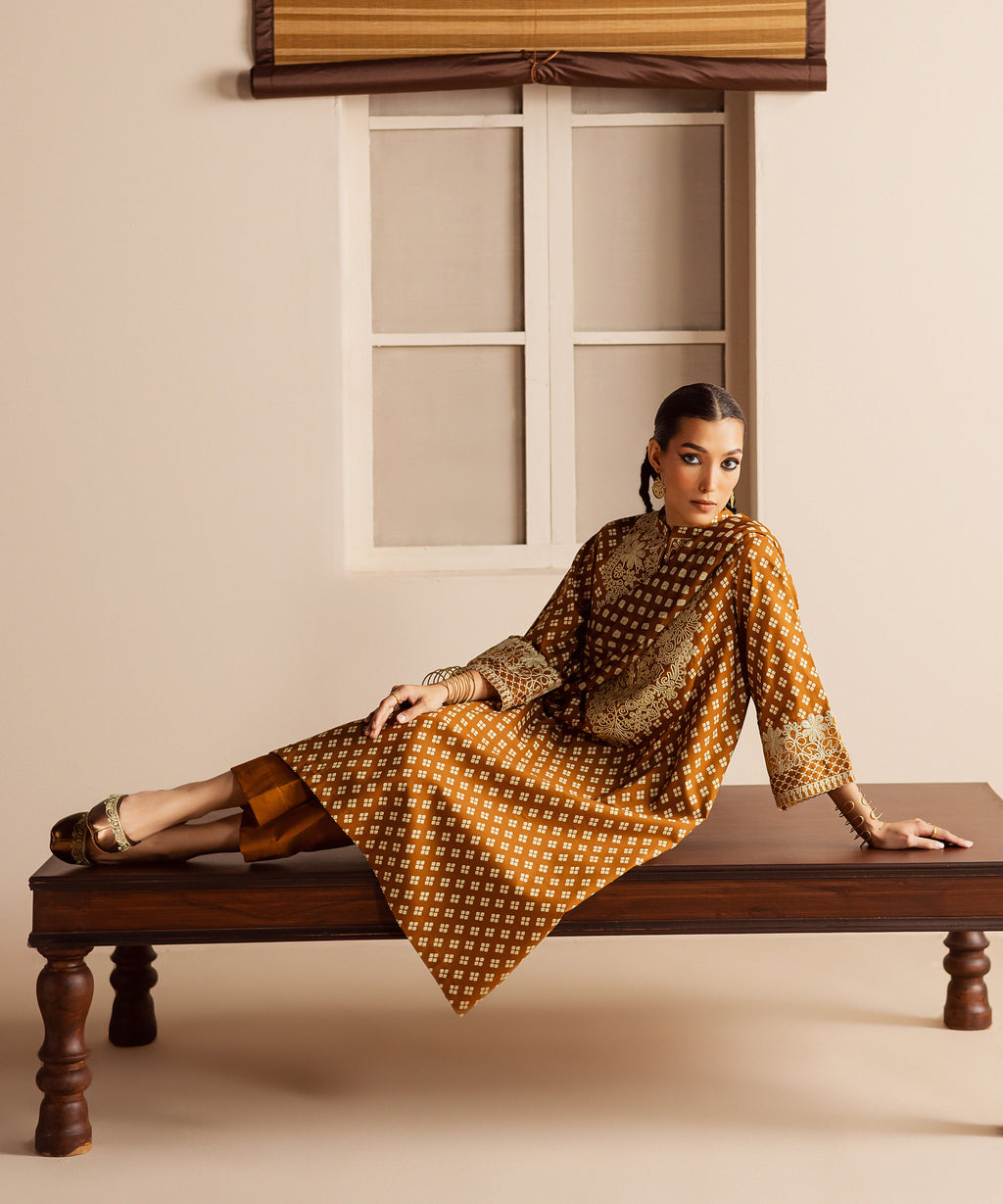 Women's Unstitched Lawn Embroidered Brown 3 Piece Suit