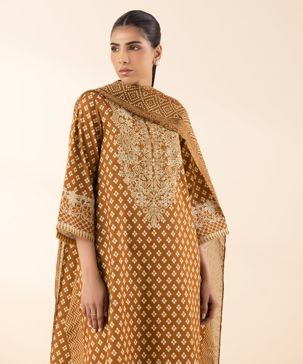 Women's Unstitched Lawn Embroidered Brown 3 Piece Suit