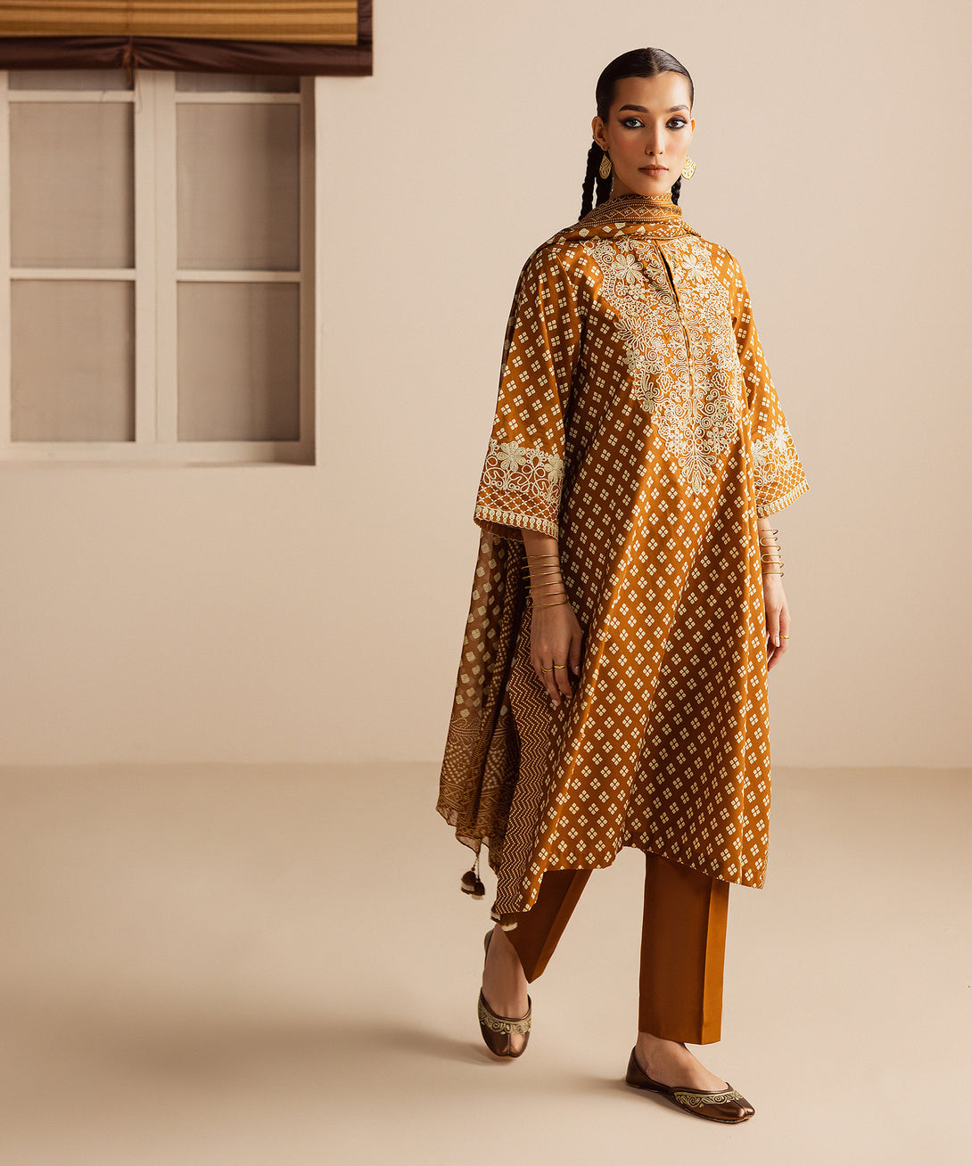 Women's Unstitched Lawn Embroidered Brown 3 Piece Suit