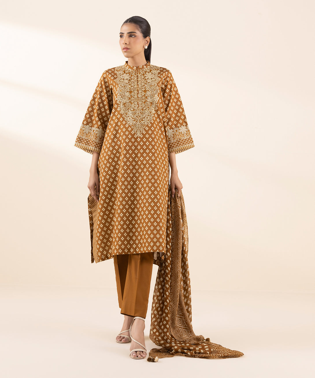 Women's Unstitched Lawn Embroidered Brown 3 Piece Suit