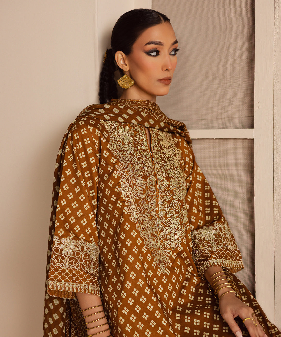 Women's Unstitched Lawn Embroidered Brown 3 Piece Suit
