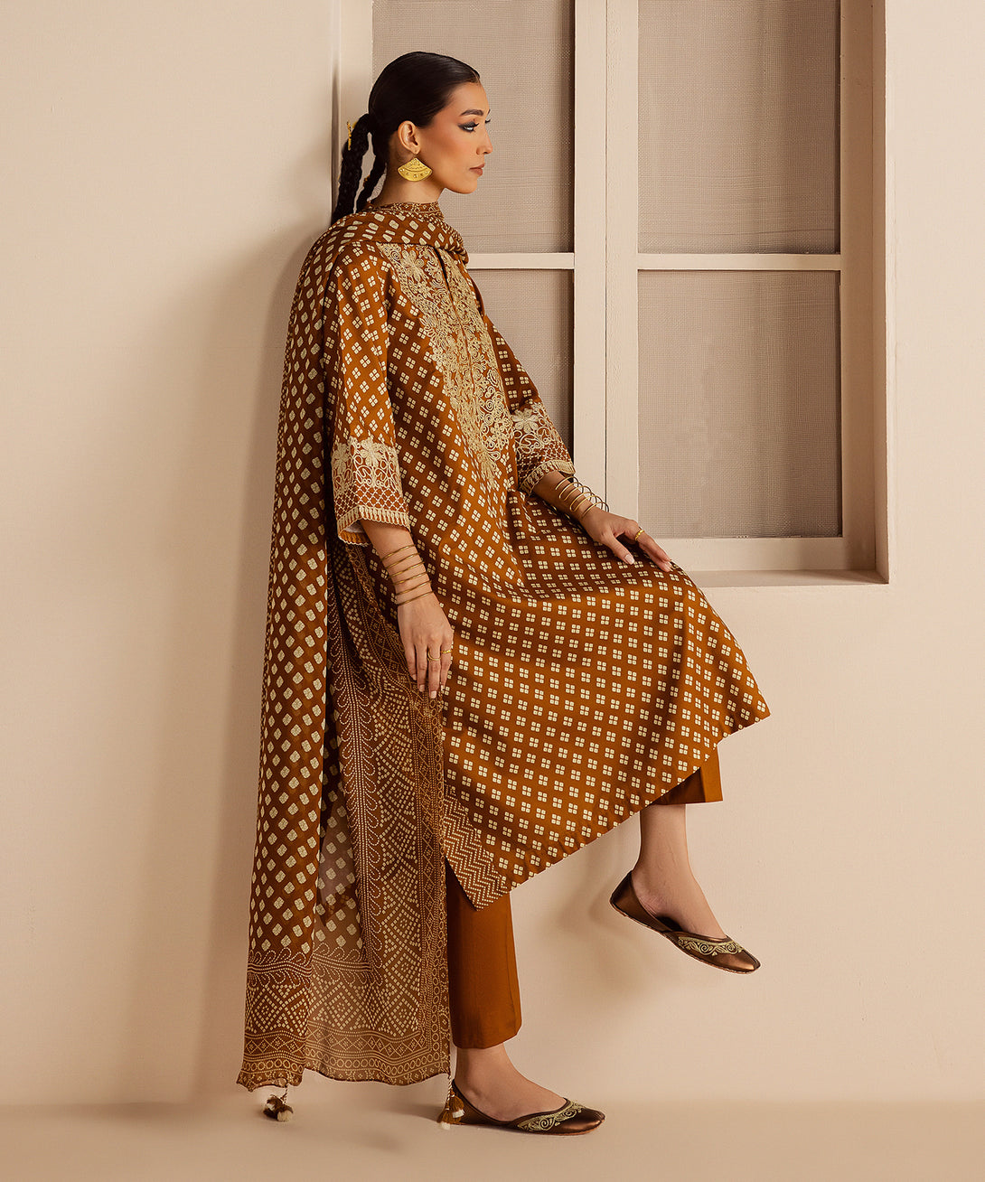 Women's Unstitched Lawn Embroidered Brown 3 Piece Suit