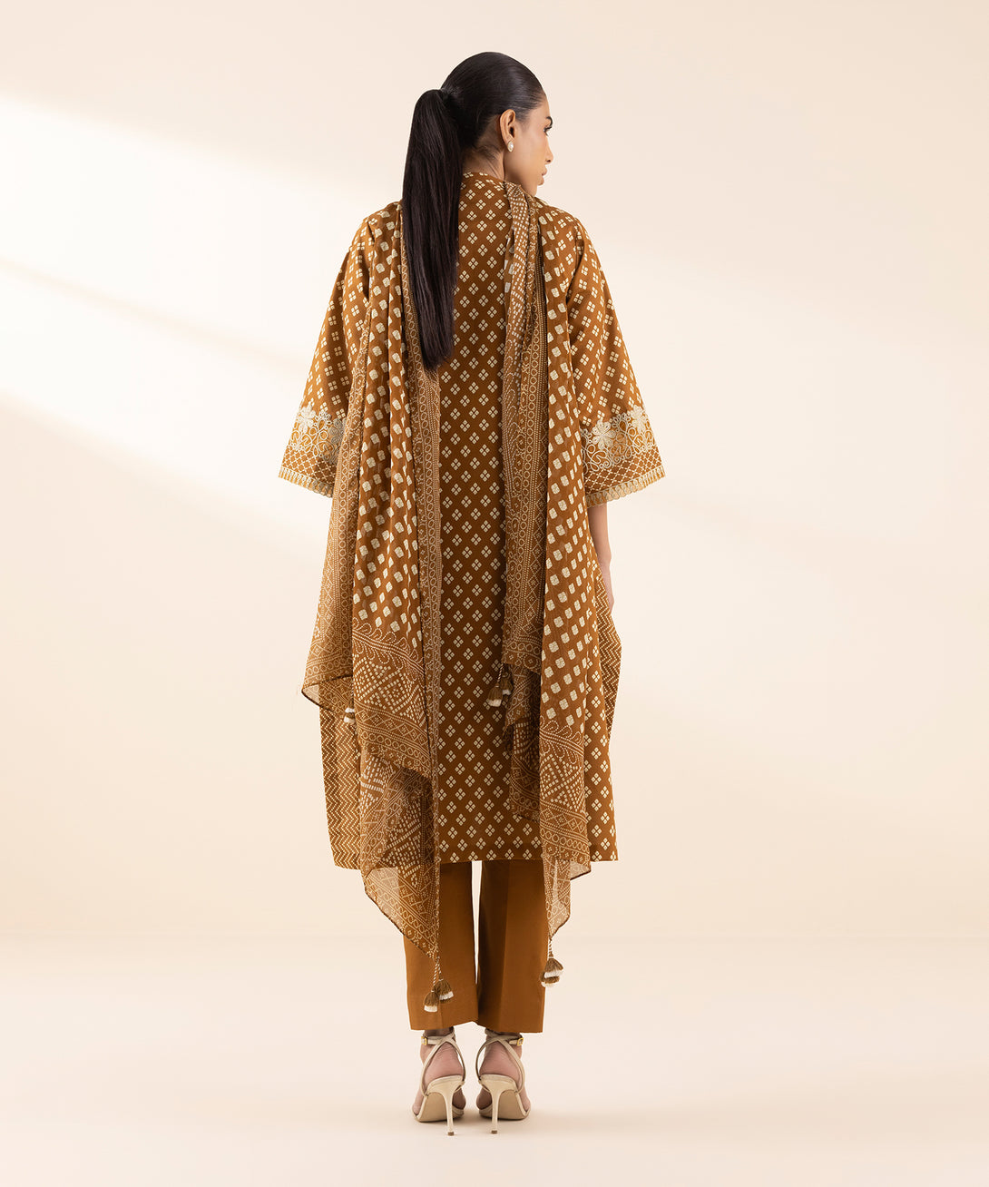 Women's Unstitched Lawn Embroidered Brown 3 Piece Suit