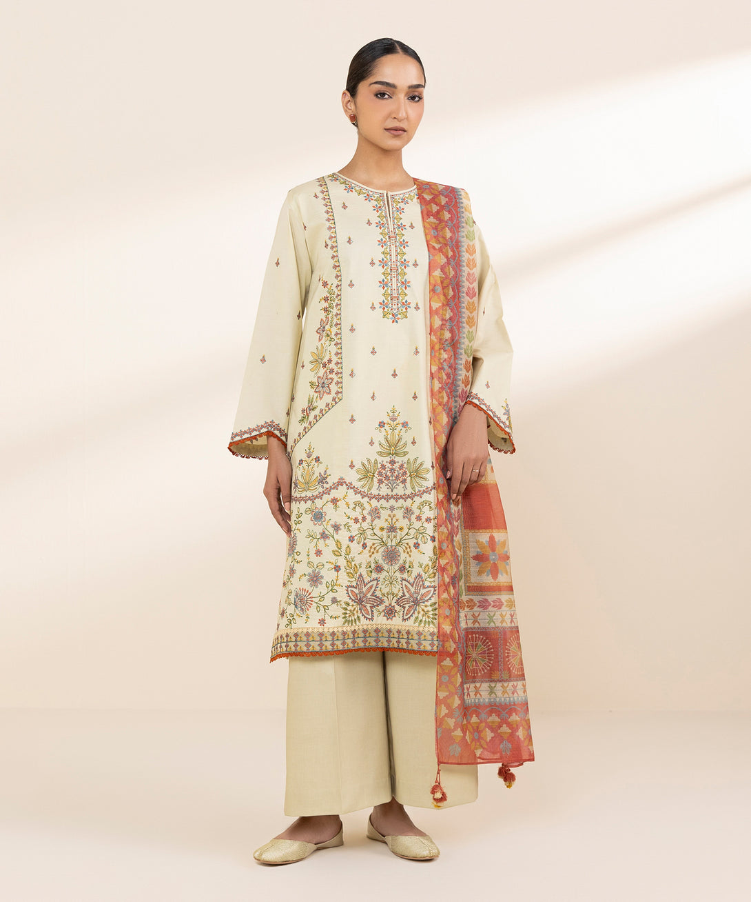 Women's Unstitched Lawn Embroidered Off White 3 Piece Suit