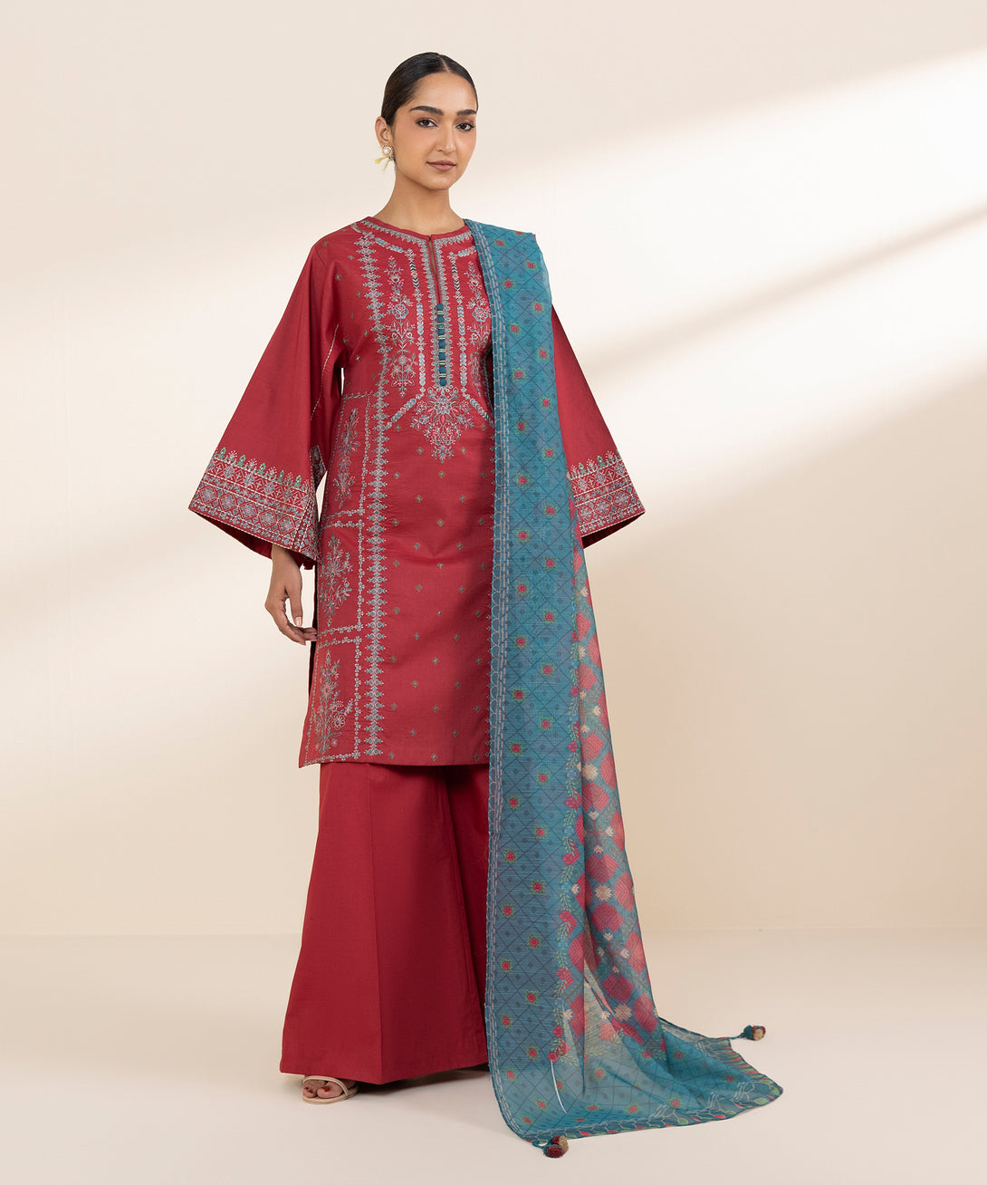 Women's Unstitched Lawn Embroidered Red 3 Piece Suit