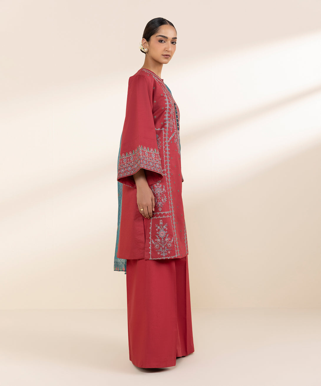 Women's Unstitched Lawn Embroidered Red 3 Piece Suit