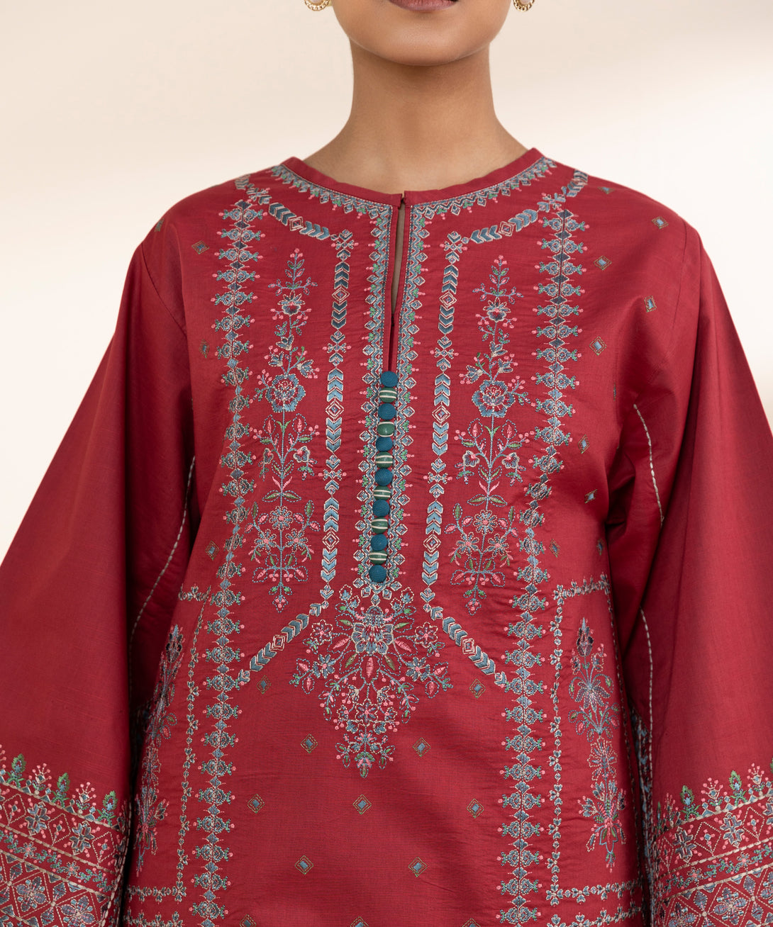 Women's Unstitched Lawn Embroidered Red 3 Piece Suit