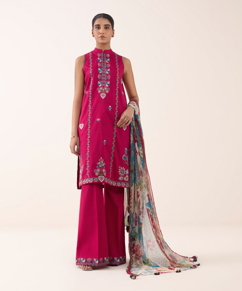 Women's Unstitched Textured Lawn Embroidered Pink 3 Piece Suit