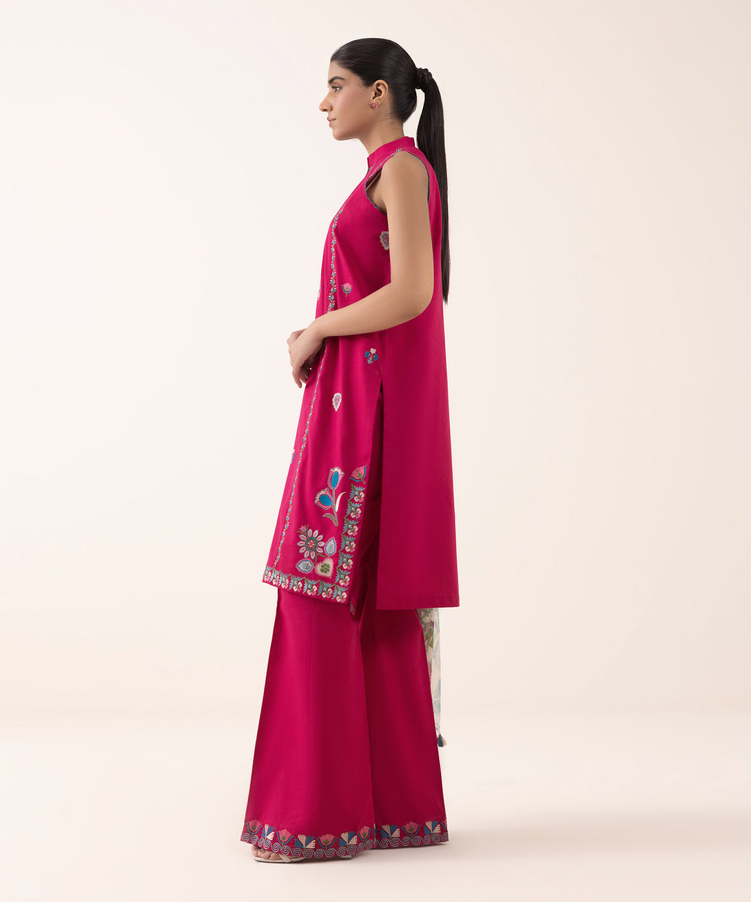 Women's Unstitched Textured Lawn Embroidered Pink 3 Piece Suit