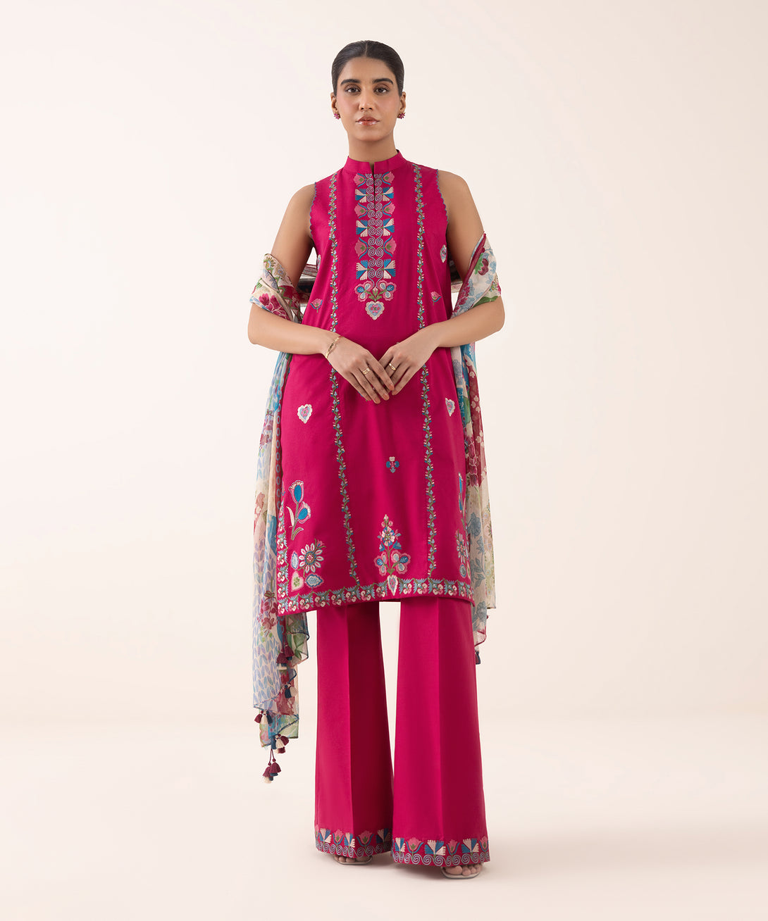 Women's Unstitched Textured Lawn Embroidered Pink 3 Piece Suit