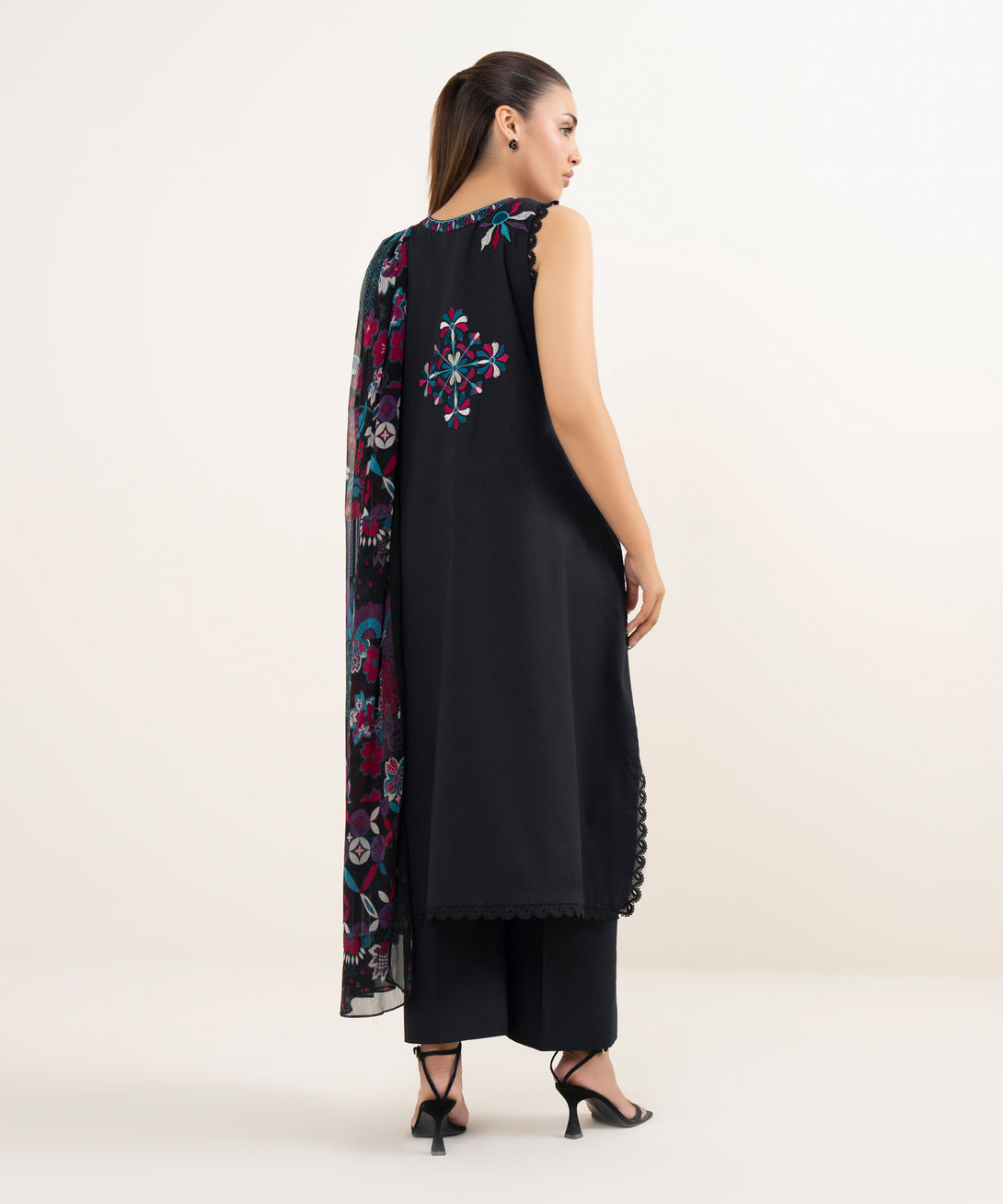 Women's Unstitched Dobby Embroidered Black Two Piece Suit