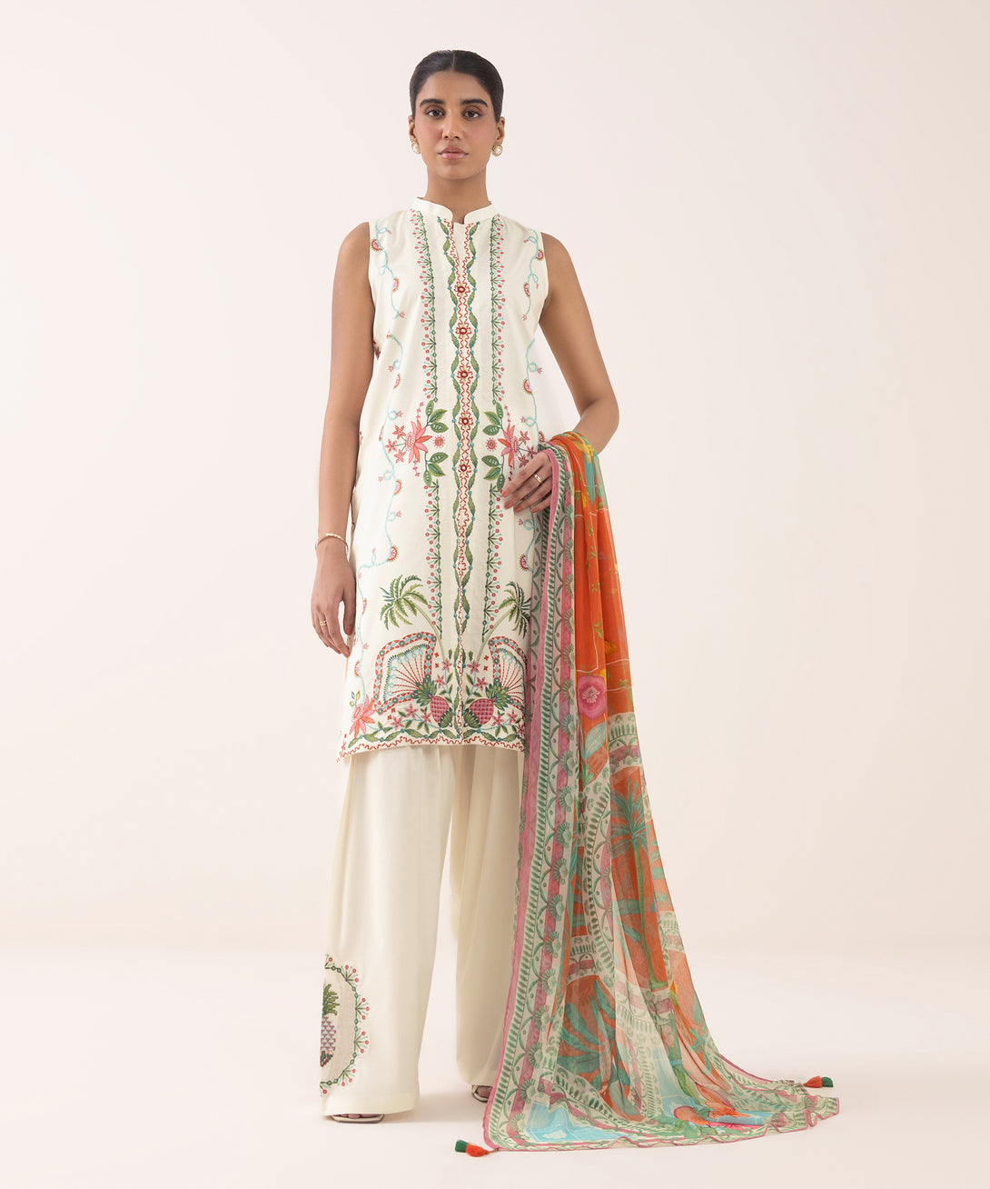 Women's Unstitched Textured Lawn Embroidered Off White 3 Piece Suit