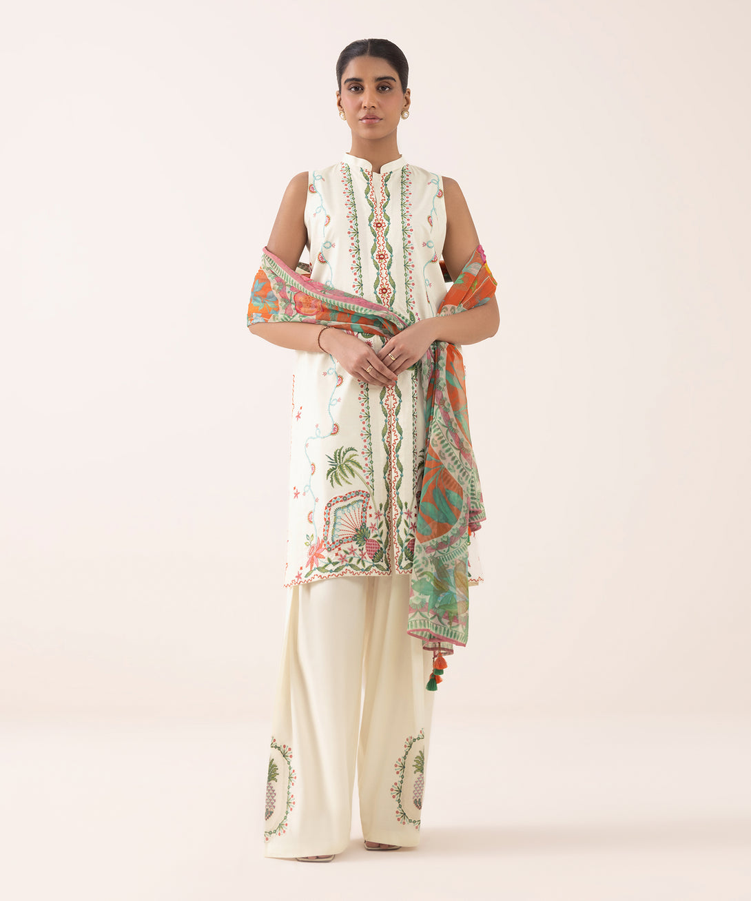 Women's Unstitched Textured Lawn Embroidered Off White 3 Piece Suit