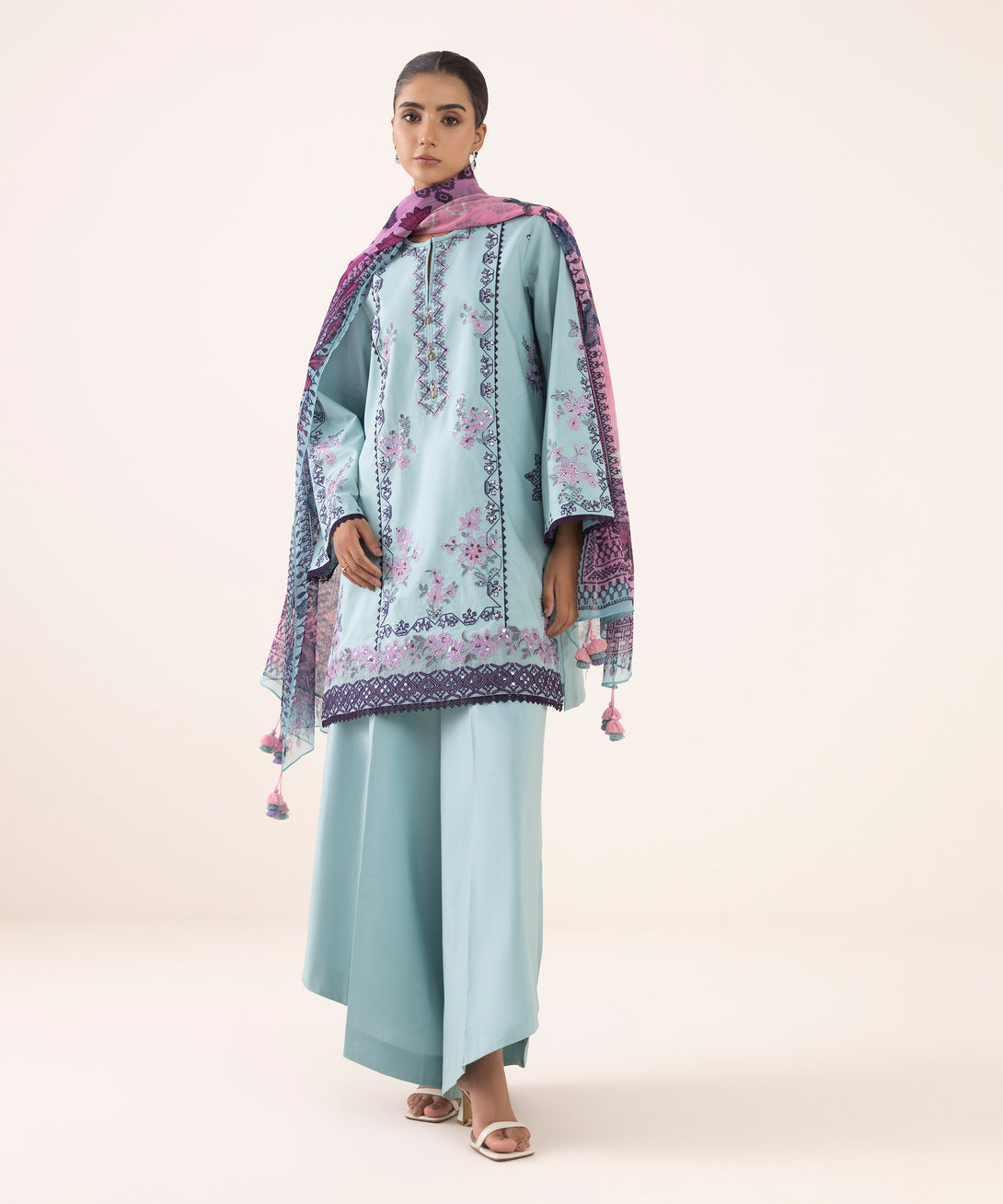 Women's Unstitched Cotton Embroidered Aqua Three Piece Suit