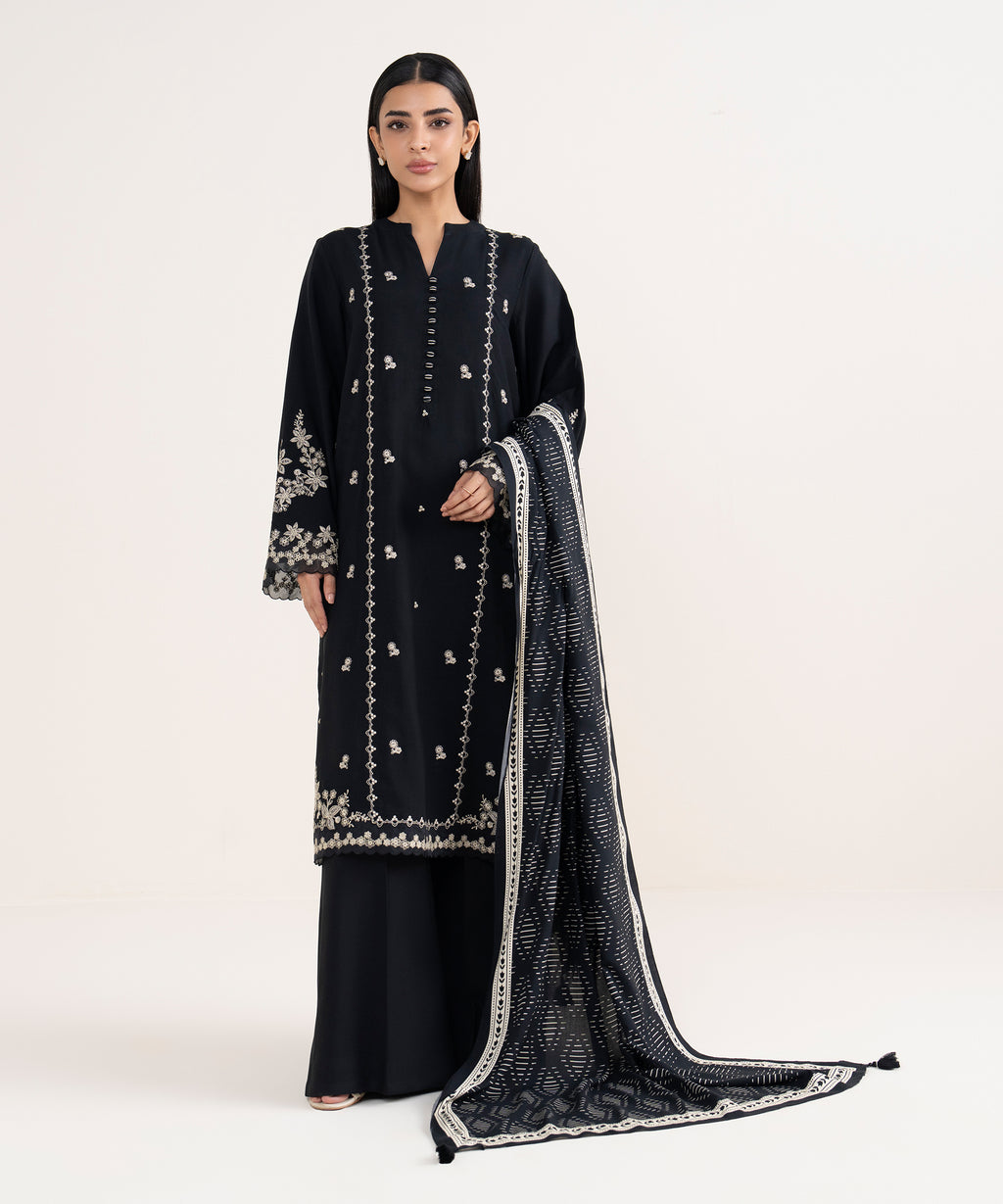 Women's Unstitched Linen Embroidered Black 3 Piece Suit