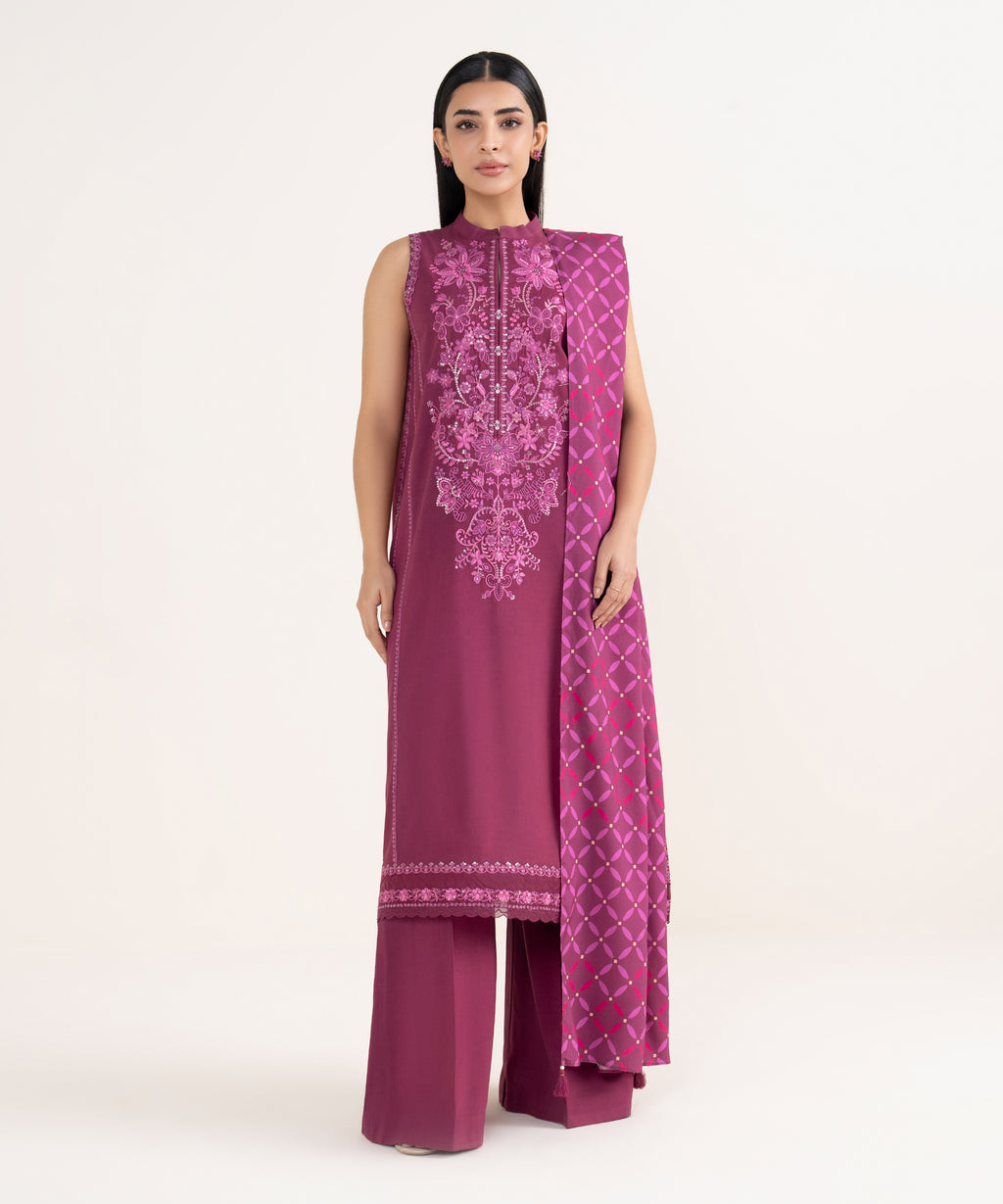 Women's Unstitched Linen Embroidered Pink 3 Piece Suit