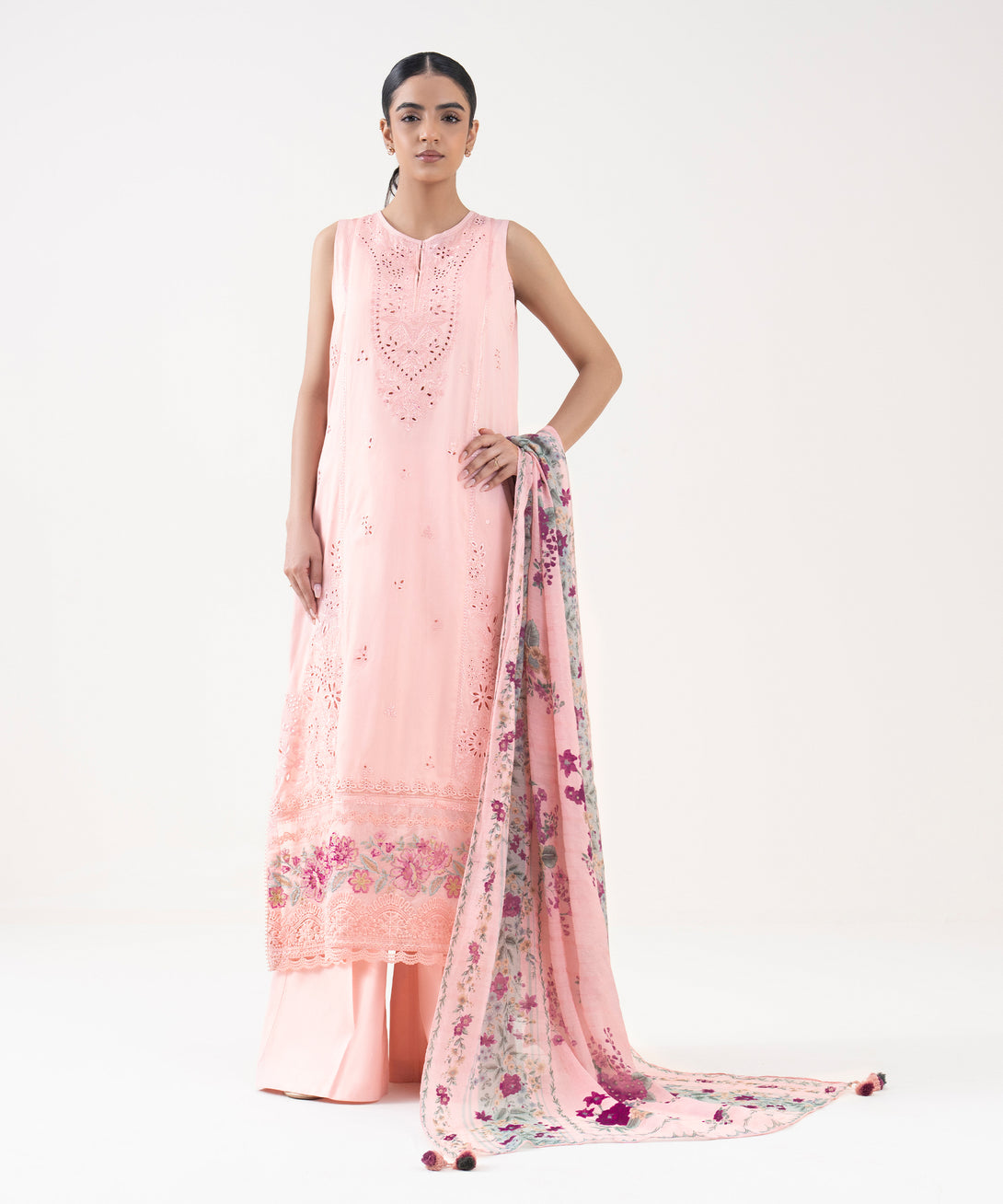 Women's Unstitched Fine Cotton Satin Embroidered Pink 3 Piece Suit