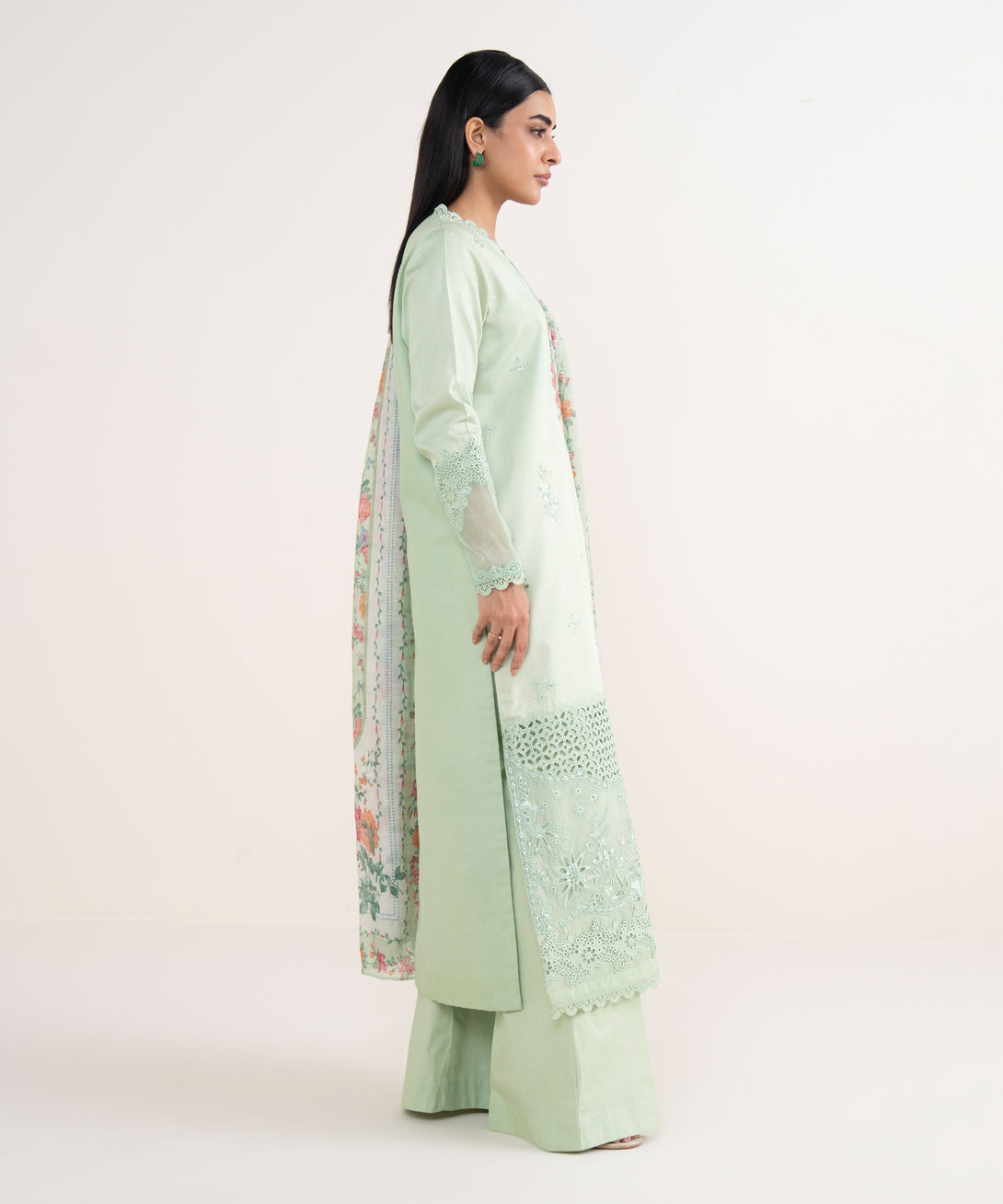 Women's Unstitched Fine Cotton Satin Embroidered Green 3 Piece Suit