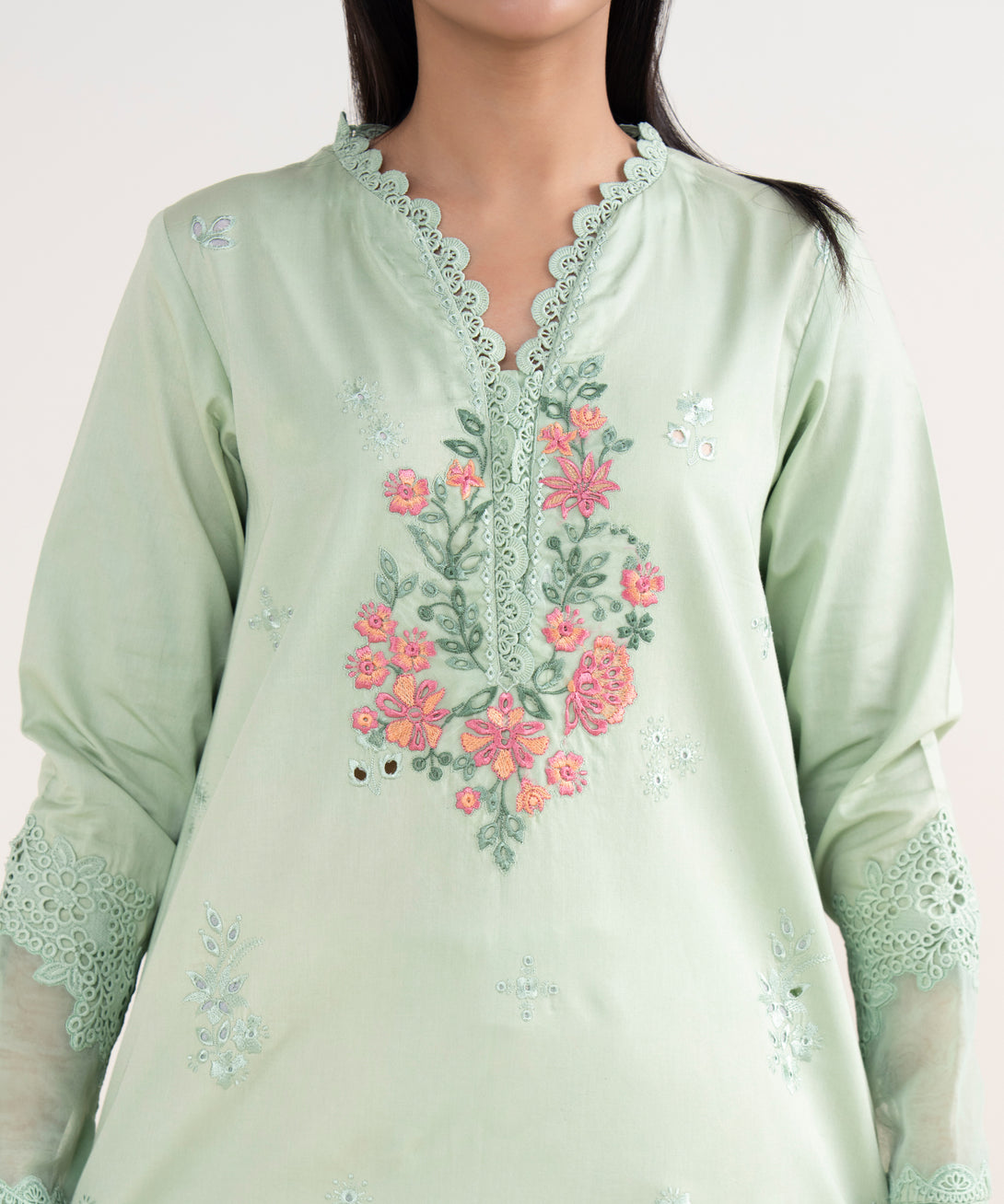 Women's Unstitched Fine Cotton Satin Embroidered Green 3 Piece Suit