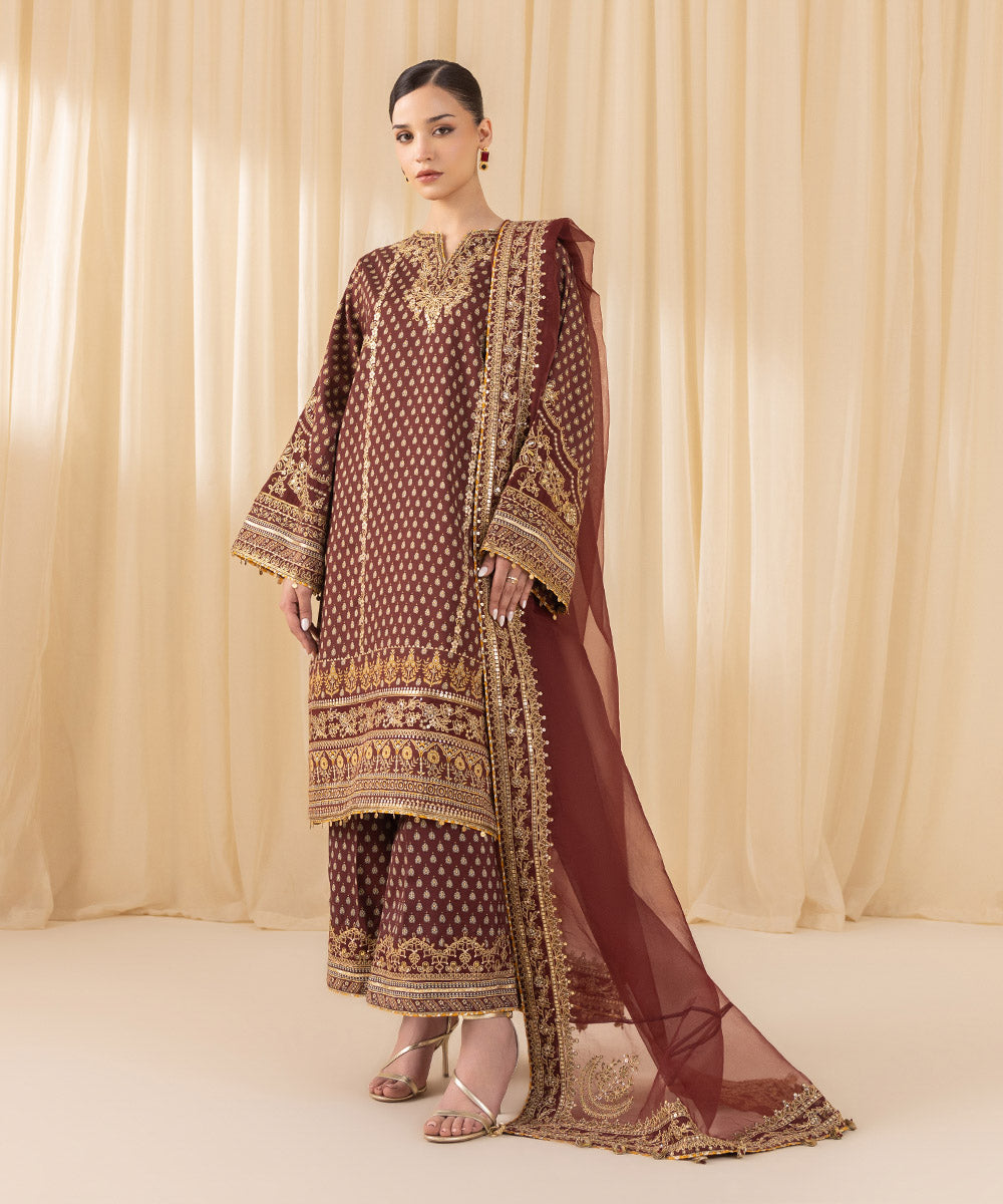 Women's Unstitched Embroidered Viscose Raw Silk Red 3 Piece Suit