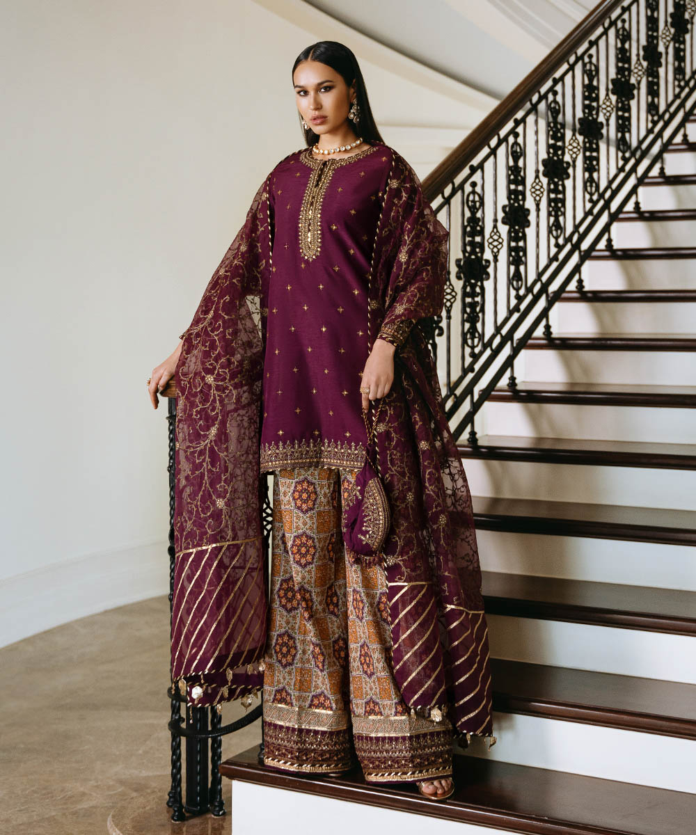 Women's Pret Raw Silk Embroidered Purple 3 Piece Suit