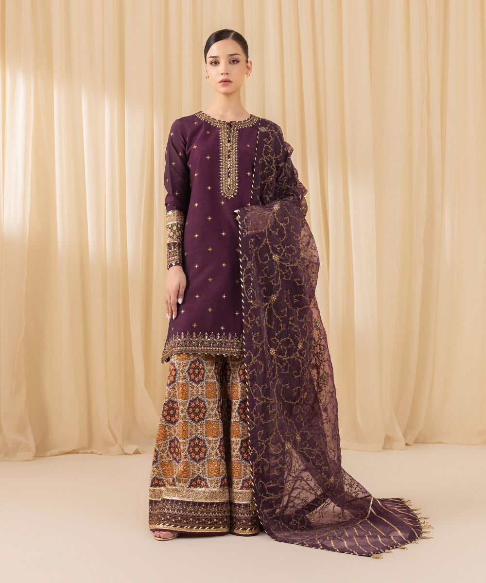 Women's Unstitched Embroidered Viscose Raw Silk Purple 3 Piece Suit