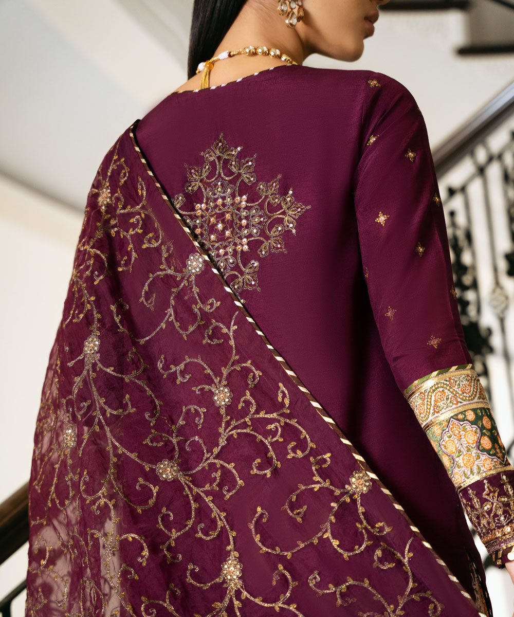 Women's Pret Raw Silk Embroidered Purple 3 Piece Suit