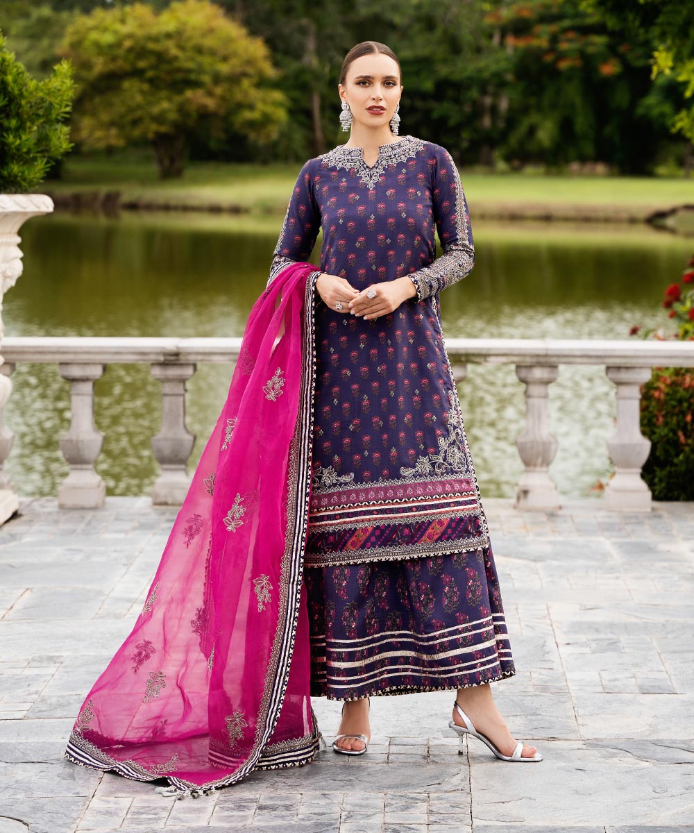 Women's Unstitched Embroidered Viscose Raw Silk Multi 3 Piece Suit