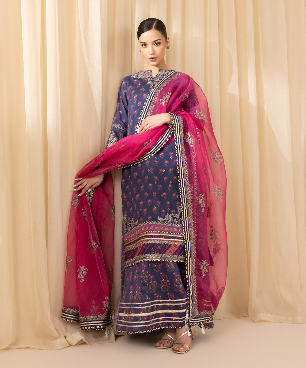 Women's Unstitched Embroidered Viscose Raw Silk Multi 3 Piece Suit