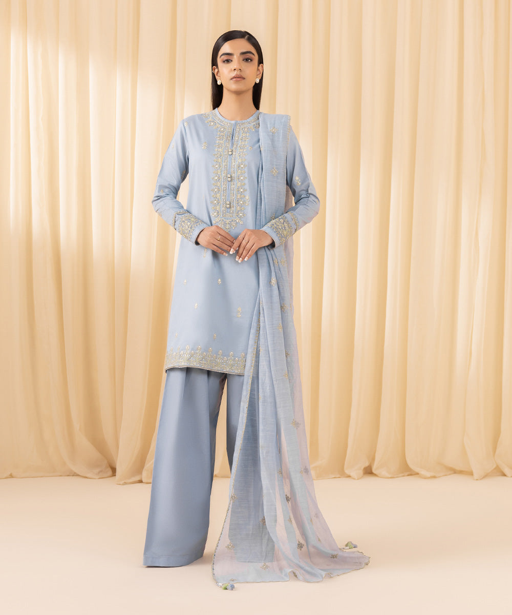 Women's Unstitched Embroidered Fine Cotton Satin Blue 3 Piece Suit