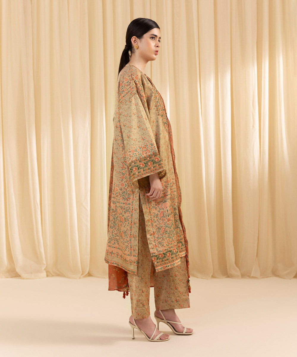 Women's Unstitched Embroidered Blended Satin Orange 3 Piece Suit