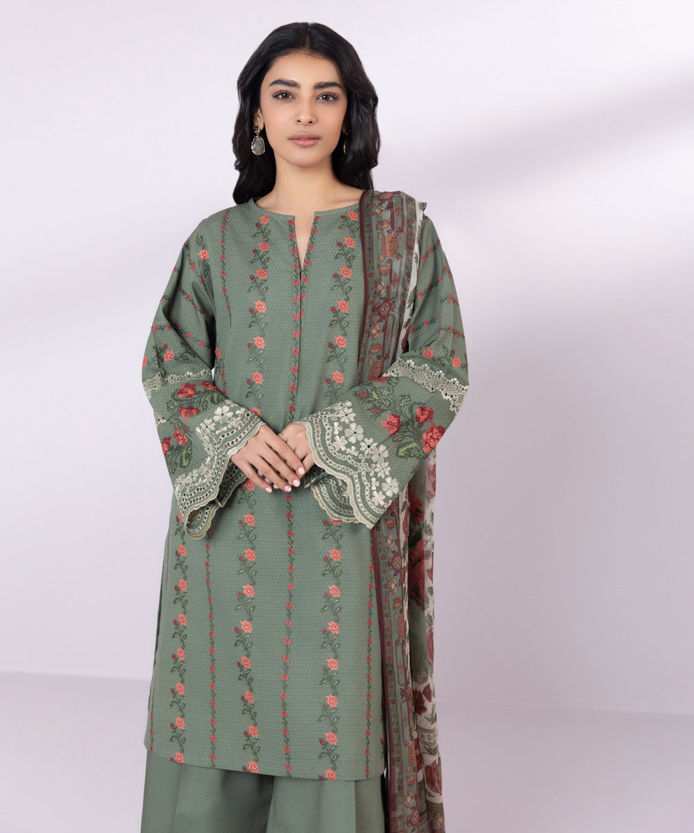 Women's Unstitched Dobby Embroidered Hunter Green 3 Piece Suit